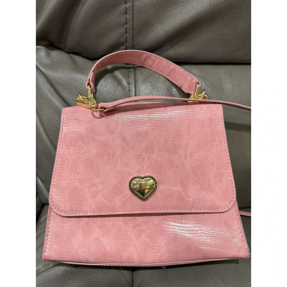 Betsey Johnson‎ Pink Lizard Embossed Heart Logo Top Handle Crossbody Bag Satchel